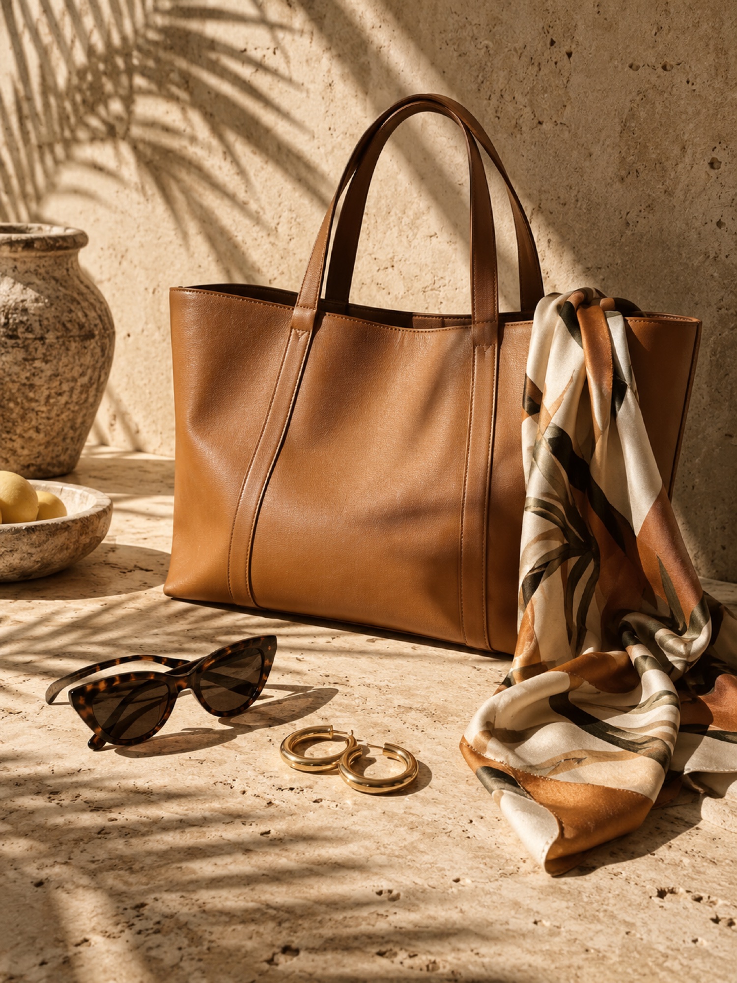 Bolsa tote de couro, óculos tartaruga, argolas douradas e lenço de seda