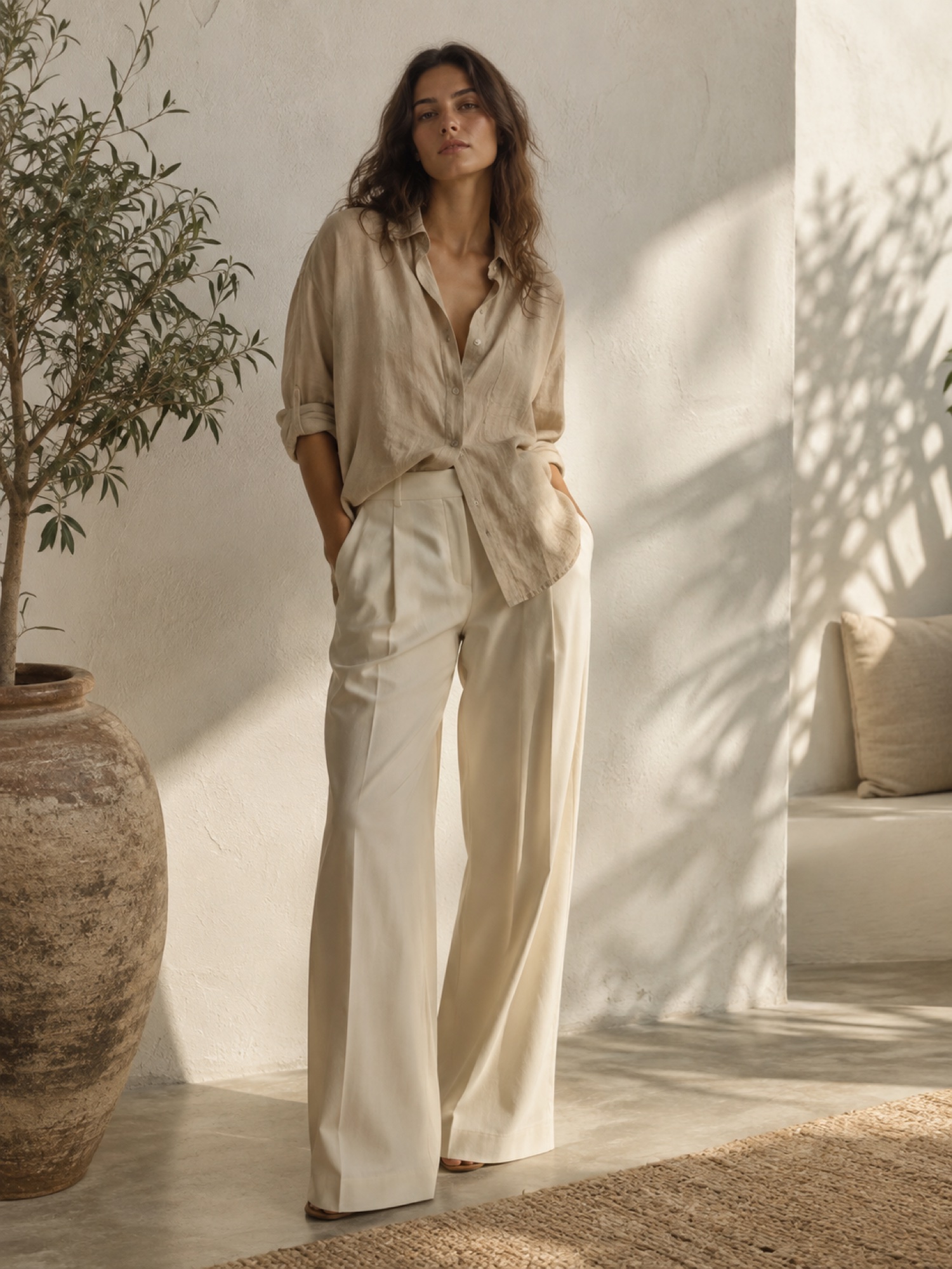 Modelo vestindo pantalona creme e camisa de linho areia