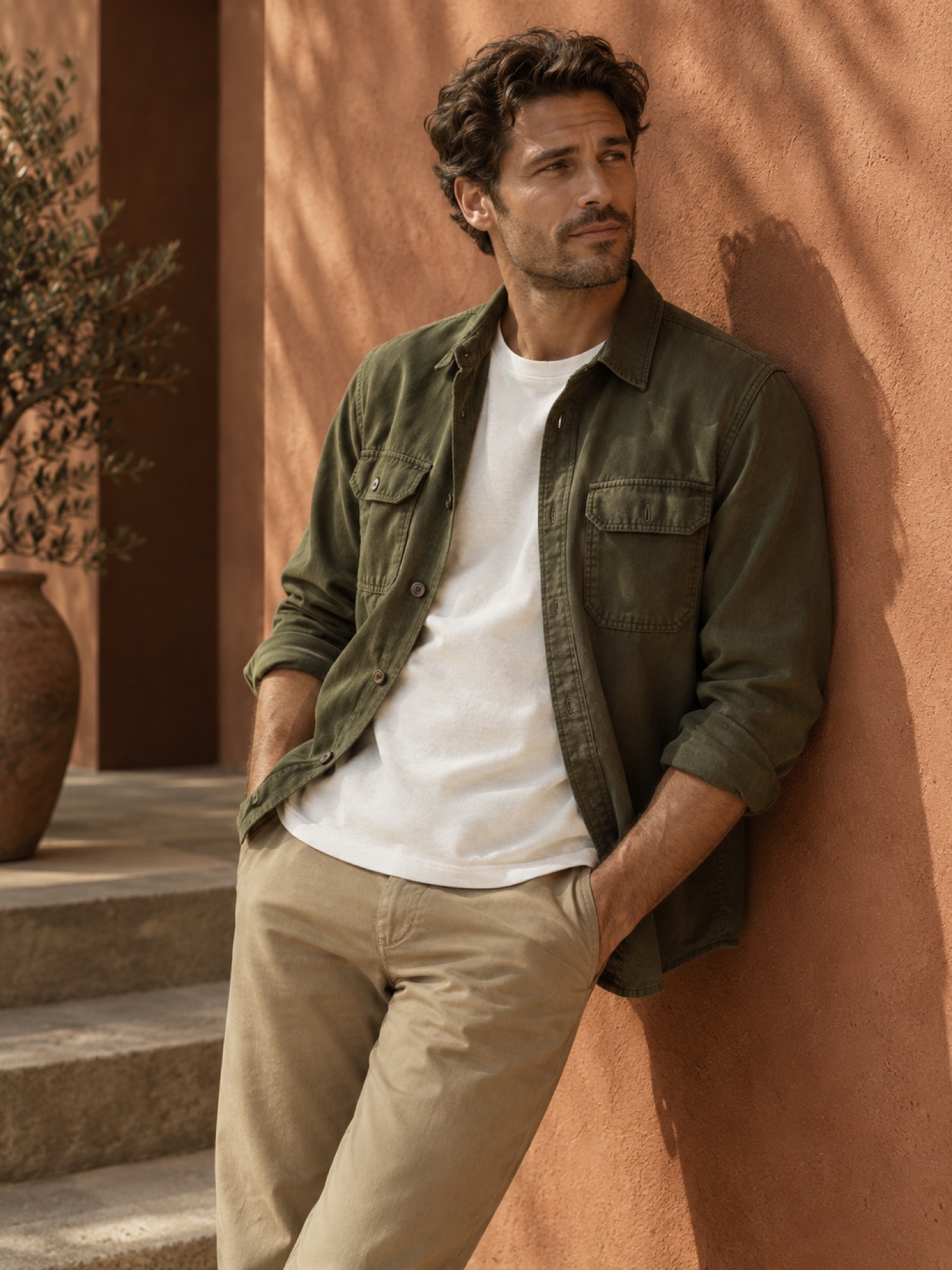 Homem vestindo overshirt verde militar e calça chino cáqui
